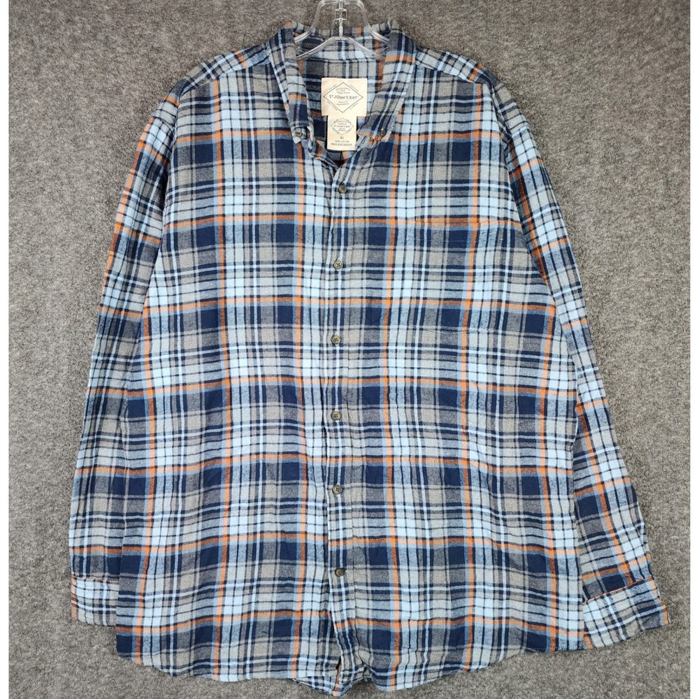 St. John's Bay Flannel Shirt Mens XL Blue Grey‎ Orange Plaid Long Sleeve Cotton